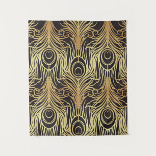 Goud, zwart, pauw, art nouveau,  patroon, zijn wandkleed