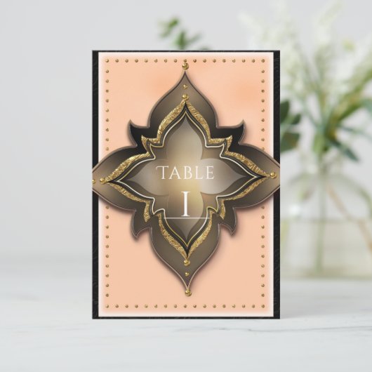 Goud Zwart & Perzik Exotische Chic Feest Tafel Num Kaart (Staand voorkant)