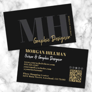 Goud Zwart QR Code Trendy Monogram Visitekaartje