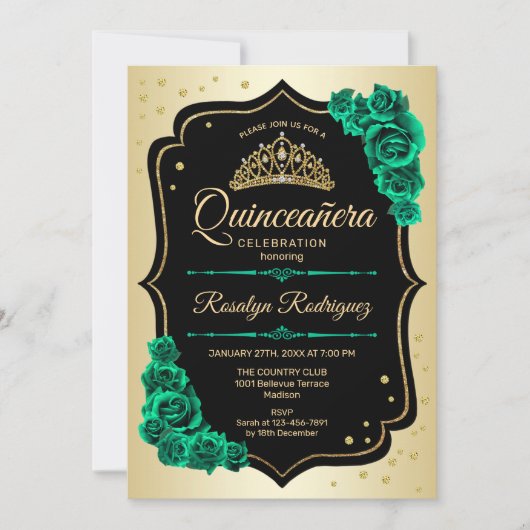 Goud Zwart Smaragd Groen Elegant Quinceanera Kaart (Voorkant)
