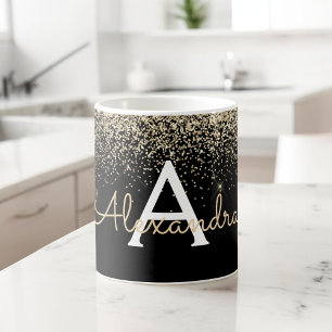 Goud Zwart Sparkle Glitter Monogram Naam Koffiemok