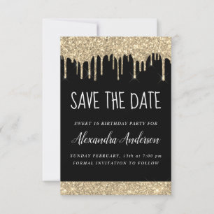 Goud Zwart Sparkle Glitter Sweet 16 Save the Date Kaart