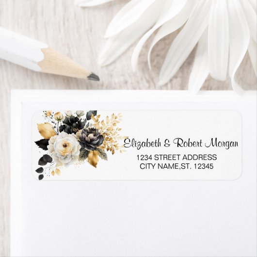 Goud Zwart Wit Bloemen Bruiloft Etiket (Insitu)