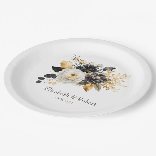 Goud Zwart Wit Bloemen Papieren Bordje (Gekanteld)