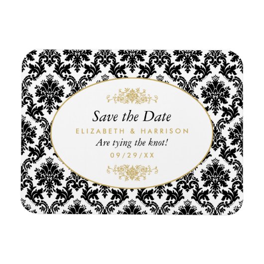  goud, zwart & wit damast sparen de datum magneet (Horizontaal)