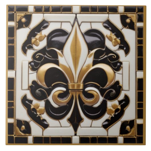 Goud Zwart-Wit Fleur de Lis Faux Relief Tegeltje (Voorkant)