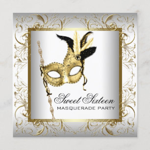 Goud Zwart Wit Sweet Sixteen Masquerade Party Kaart