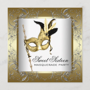 Goud Zwart Wit Sweet Sixteen Masquerade Party Kaart