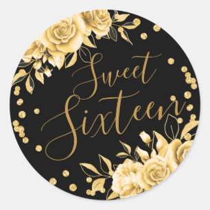 Goud Zwart Zoet 16 Verjaardag Bloemen Glitter Ronde Sticker