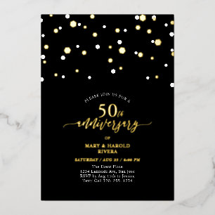 Goud & Zwarte Confetti 50ste Huwelijksverjaardag Folie Uitnodiging
