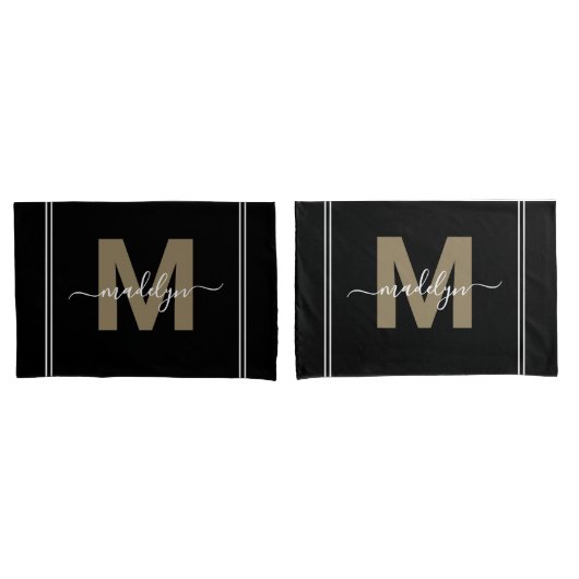 Goud Zwarte Script Naam Monogram Kussensloop (Voorkant-Set)