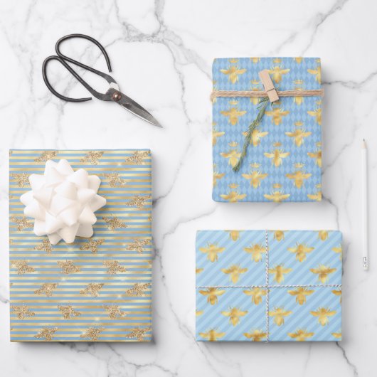 Goudbijen op blauw en goud inpakpapier vel (Voorkant)