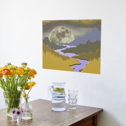 goudblauw abstract landschap maanboom echt folie afdrukken (Laag (Keuken))