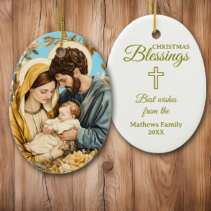 Goudblauw Christelijk Heilig Familie Kerst Keramisch Ornament