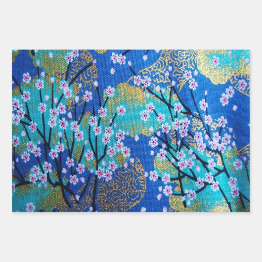 Goudblauw Japans Kimono Bloemen Decoupage Inpakpapier Vel (Voorkant)