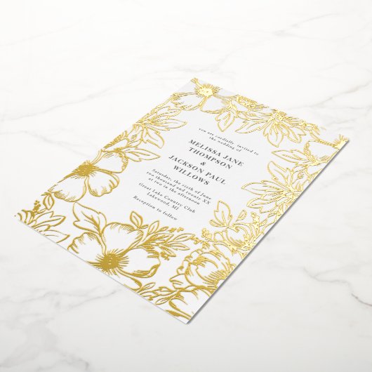 Goudbloem met elegant lijst-huwelijksontwerp folie uitnodiging (Gedraaid)