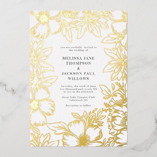 Goudbloem met elegant lijst-huwelijksontwerp folie uitnodiging (Voorkant)