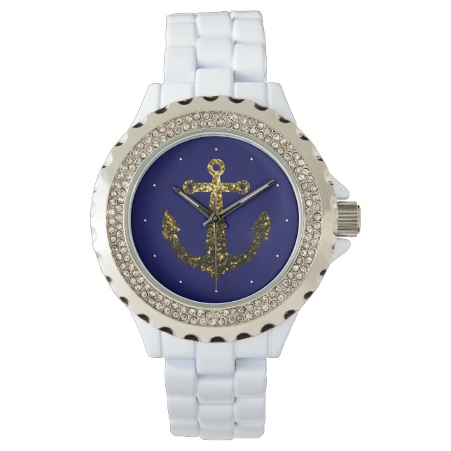 Goudbolglitter Anchor navy blue Horloge (Voorkant)