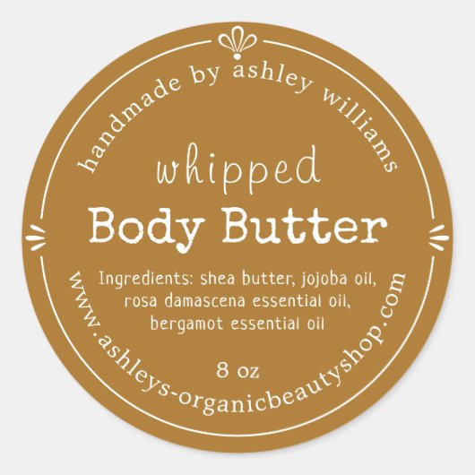 Goudbruin Schrift Handgemaakte Body Butter Etiket (Voorkant)