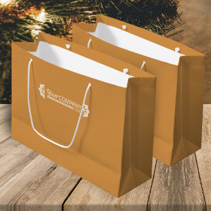 Goudbruin wit bedrijfslogo, sneeuwvlokken promo groot cadeauzakje