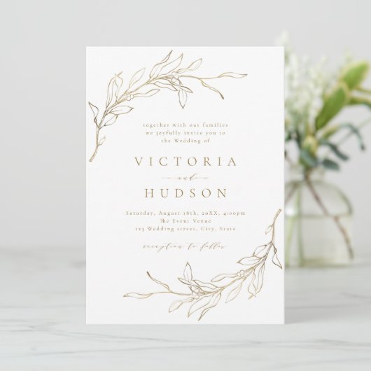 Goudbruine, botanische bruinktbruiloft kaart (Staand voorkant)