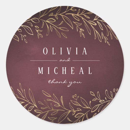 Goudbruine botanische elegante bruiloft ronde sticker (Voorkant)