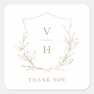 Goudbruine, botanische monogram bruiloft vierkante sticker