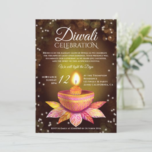 Goudbruine Diwali Lampen licht illustratiescript Kaart (Staand voorkant)