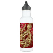 Gouddraak in reliëf op rode plaat waterfles  (Rechts)