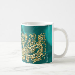 Gouddraak in reliëf op Turquoise Satin Print Koffiemok
