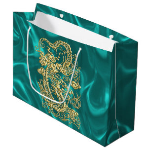 Gouddraak in reliëf op Turquoise Satin Print Large Cadeautasje