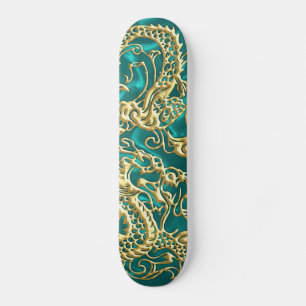Gouddraak in reliëf op Turquoise Satin Print Skateboard