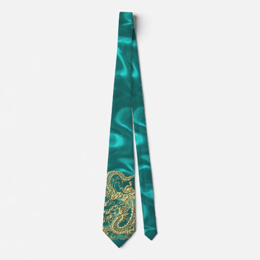 Gouddraak in reliëf op Turquoise Satin Print Stropdas (Voorkant)