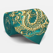 Gouddraak in reliëf op Turquoise Satin Print Stropdas (Opgerold)