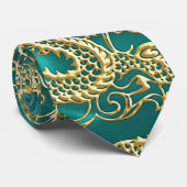 Gouddraak in reliëf op Turquoise Satin Print Stropdas (Opgerold)