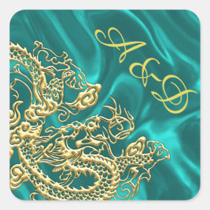 Gouddraak in reliëf op Turquoise Satin Print Vierkante Sticker