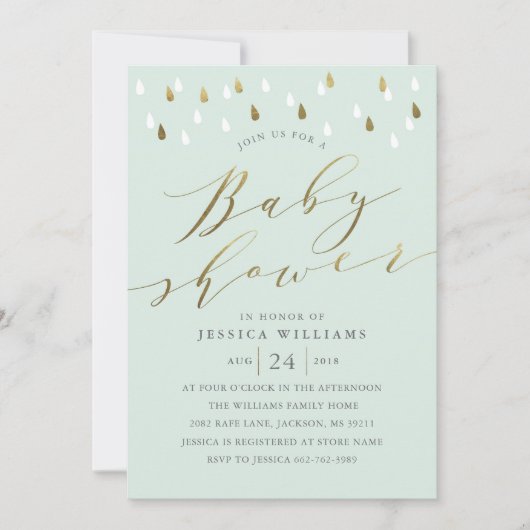 Gouddruppels en script baby shower nodigen uit in  kaart (Voorkant)