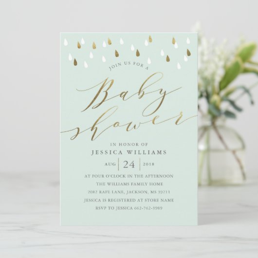 Gouddruppels en script baby shower nodigen uit in  kaart (Staand voorkant)