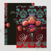 GOUDE ROERENDE ROZEN, BLAUWE ZWARTE DAMASKMONOGRAM KAART (Voorkant / Achterkant)