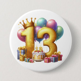 Gouden 13e verjaardag ronde button 7,6 cm