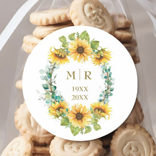 Gouden 50e huwelijksjubileum zonnebloem bloemstuk ronde sticker