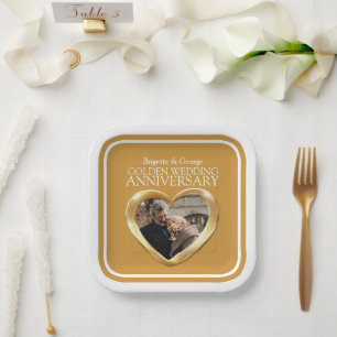 Gouden 50ste huwelijksjubileum foto hart vierkant papieren bordje