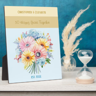 Gouden 50ste verjaardag bloemen namen blauw fotoplaat