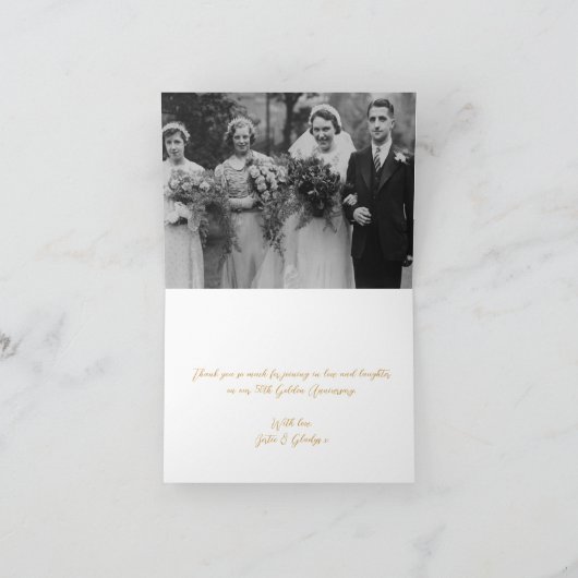 Gouden 50ste verjaardag voeg uw eigen foto hart to bedankkaart (Binnen)