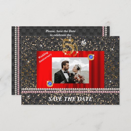 Gouden 5e bruiloft Jubileum Zwart Geweven & Parels Kaart (Voorkant / Achterkant)