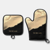 Gouden Agaat & Glitter, Gouden Naam op Zwart Ovenwant & Pannenlap Set (Voorkant)