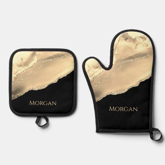 Gouden Agaat & Glitter, Gouden Naam op Zwart Ovenwant & Pannenlap Set (Voorkant)