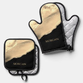 Gouden Agaat & Glitter, Gouden Naam op Zwart Ovenwant & Pannenlap Set (Voorkant / Achterkant)