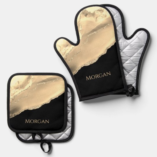 Gouden Agaat & Glitter, Gouden Naam op Zwart Ovenwant & Pannenlap Set (Voorkant / Achterkant)