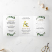 Gouden Ampersand Olive Branch Alles in een bruilof Drieluik Uitnodiging (Binnen)